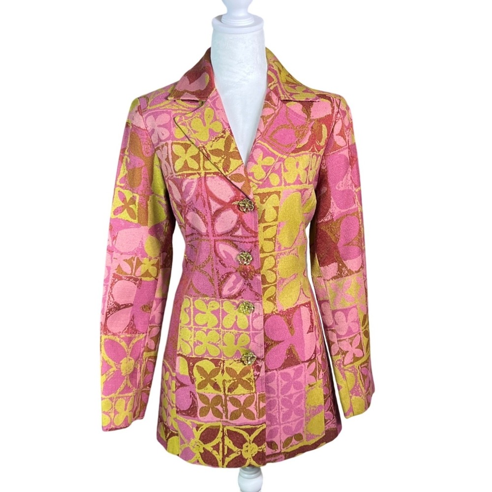Vintage Y2K Psychedelic Floral Blazer‎ 90s Mod Retro Pink Green Statement Jacket - Picture 2 of 12